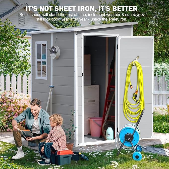 CDCASA 5x4 FT Resin Storage Shed, Waterproof Sheds & Outdoor Storage with Floor & Window & Lockable Door, Tool Shed for Garden, Patio, Backyard, Light Grey