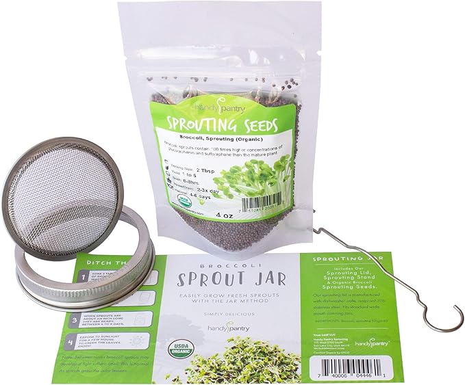 Organic Broccoli Sprout Growing Kit – Includes 316 Stainless Steel Lid, Stand, and Non-GMO Seeds – Complete Kit by Handy Pantry & Trellis + Co