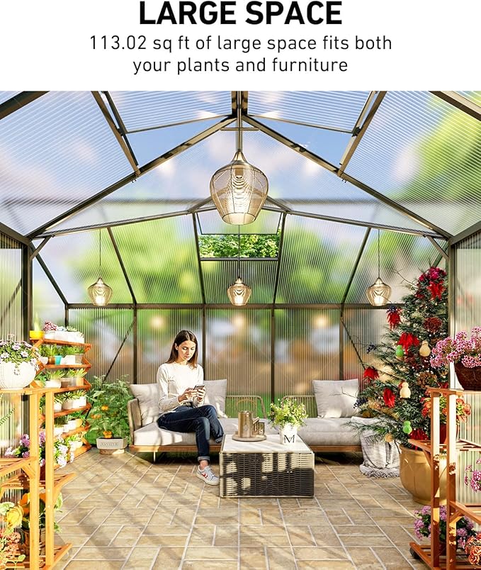 12×12FT Green Houses for Outside, Large Walk-in Greenhouses for Outdoors and Winter Garden Planting, Enhanced Aluminum Greenhouse Kit Withstands Strong Wind to Protect Vegetables or Plants