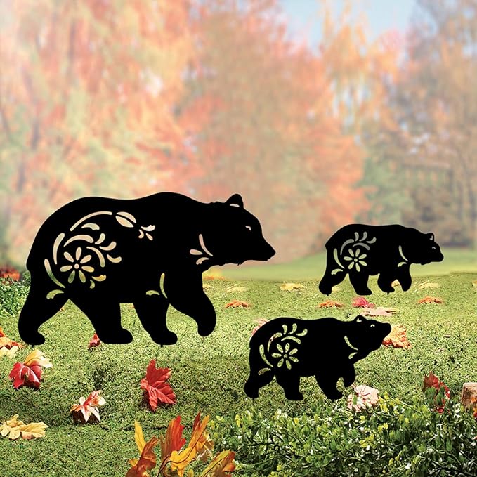 Outdoor Bear Garden Decor,Set of 3 Silhouette Metal Bear Statue Outdoor,Bear Garden Stakes for Outside (Bear Black)