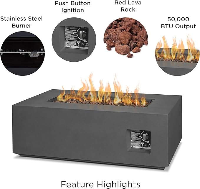 Real Flame Aegean 42in Rectangle Propane or Natural Gas Fire Pit Table, 50,000 BTU, Powder-Coated Steel, Push-Button Ignition, CSA Certified, Lava Rock, Storage Cover, Stainless Steel Burner with Lid