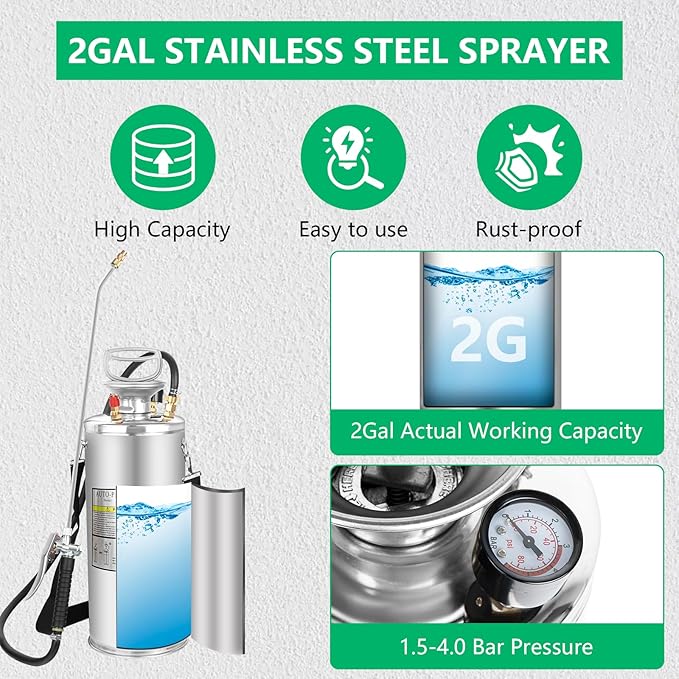 2 Gallon Stainless Steel Pump Sprayer - Hand Pump Sprayer with Pressure Gauge, Safety Valve&Adjustable Nozzle and Flat Nozzle, Garden Weed Sprayer with 20’’ Wand & 3FT Hose, Non-Corrosive Viton Seals