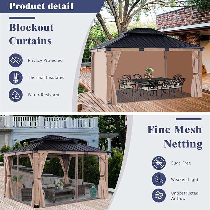 CHARMELEON 12x14 Cedar Wood Gazebo,Heavy Duty Patio Gazebo with Metal Roof,Permanent Hardtop Gazebos Pavilion with Mosquito Netting and Curtains for Backyard,Outdoor,Deck,Garden,Porch