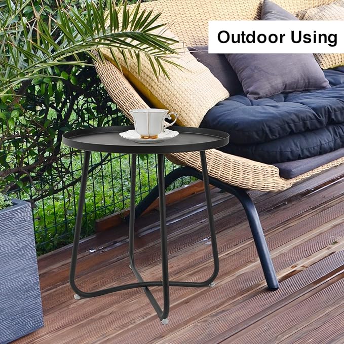 Babion Black Outdoor Side Tables, Small Outdoor Table, Round Patio Side Table Steel, Small Accent End Table for Patio Yard Garden, Indoor & Outdoor