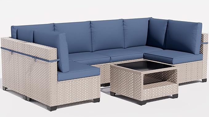 14 Pieces Patio Furniture Set, Outdoor Sectional Wicker Sofa with Thick Cushions and Storage Coffee Table, Rattan Patio Conversation Sets for Deck Yard Poolside, Navy