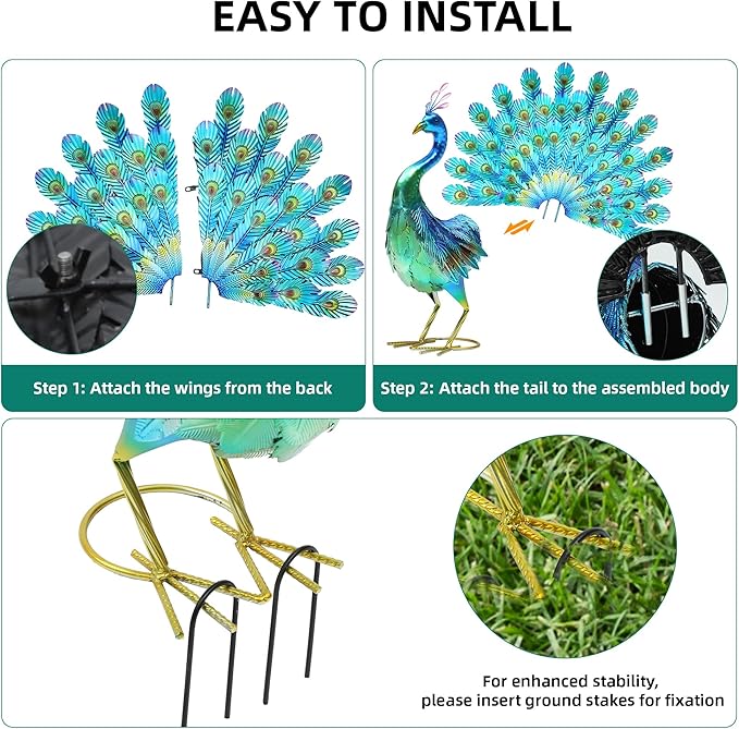 Autodaya 27.5" Tall Metal Peacock Garden Statue - Handmade, 3D Textured, Tail Spread Sculptures for Patio, Garden or Entryway.