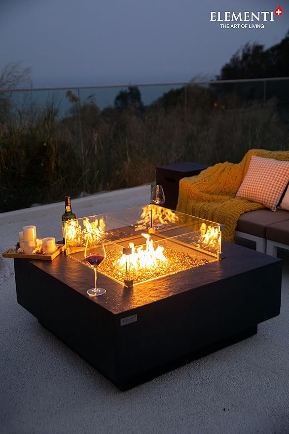 Elementi+ | Bergen Gas Fire Pit Cast Concrete 40" Square Fire Table, Outdoor Fire Pit Electronic Ignition | Canvas Cover, Fire Glass and Burner Lid Included | Dark Gray | Propane Gas