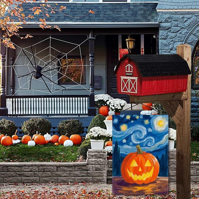 Halloween Starry Night Pumpkin Ghost Garden Flag Holiday Small Flag for Outside Burlap Double Sided Welcome Yard Lawn Decor 12.5x18"