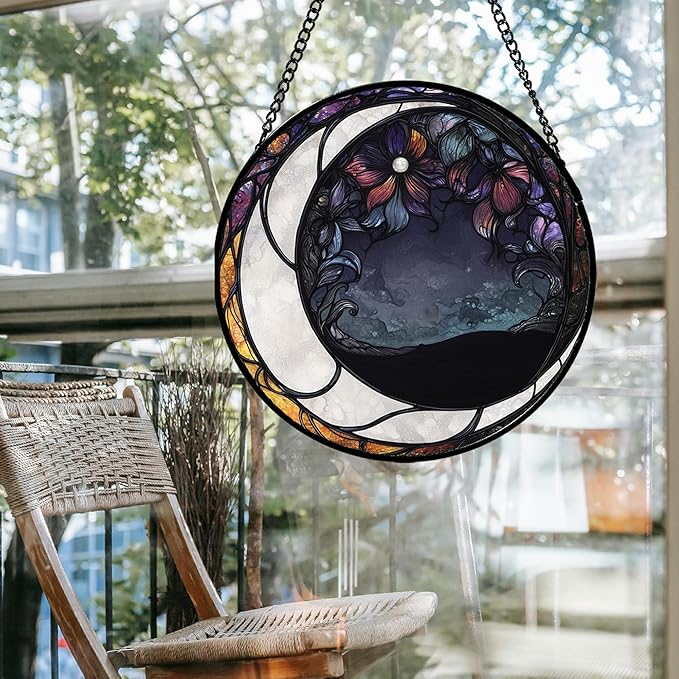 Stained Glass Window Hanging - Black and White Moon Sun Catcher for Door Terrace Garden Home Decor, Abstract Plant Flower Suncatcher Birthday Gifts for Lovers Women Men Dad Mom Nana 7.8 in