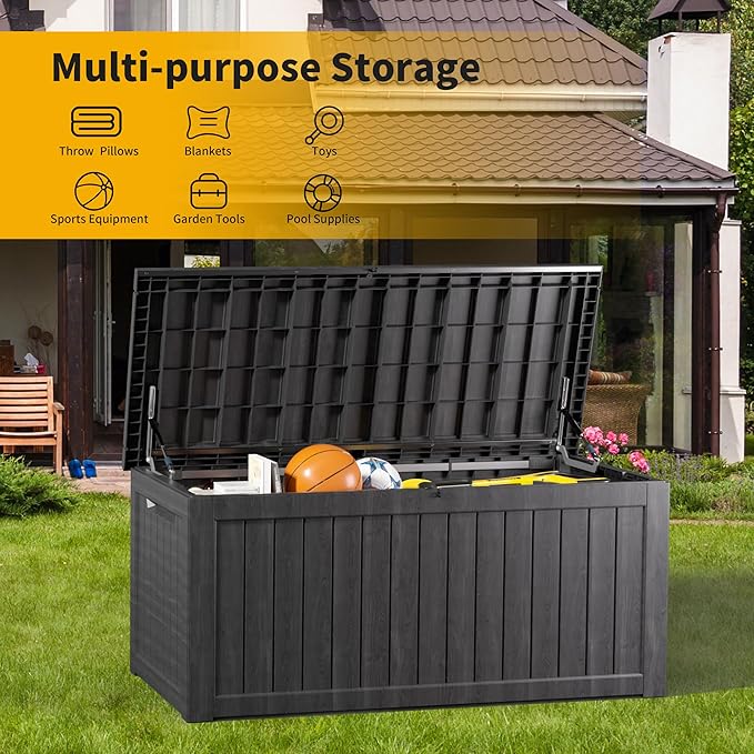 270GAL Extra - Large Black Outdoor Deck Box with Lock Hole- Waterproof, SGS - Tested UV Resistance, Roomy Storage for Lawn Mowers, Camping Gear, and More, Quick and Easy to Set Up