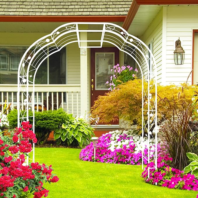 Metal Garden Arch 98.4" H Garden Arbor Trellis for Outdoor Climbing Plants Support Rose Lawn Tall Large Wedding Archway (Cream White, XL)