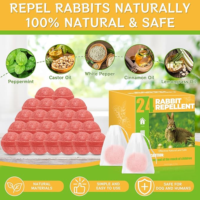 24PCS Deer Rabbit Repellent - Natural Peppermint Oil Deer Repellent for Garden Lawn Yard, Rabbit Repellant Keep from Eating Plants Flowers, for Kids and Pet Safe