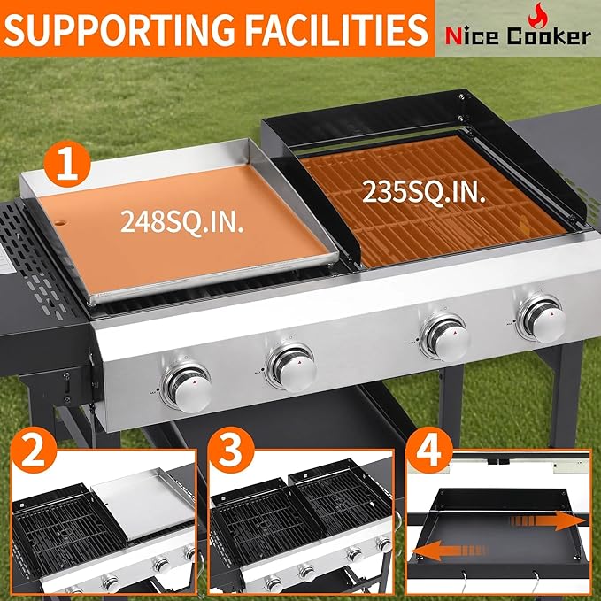 4-Burner Propane Gas Grill and Griddle Combo | 38200BTU Stainless Steel Outdoor BBQ with Side Shelves & Wheels, Cabinet Style Cart (Includes 2 Grill Grates & 2 Flat Top Griddles)