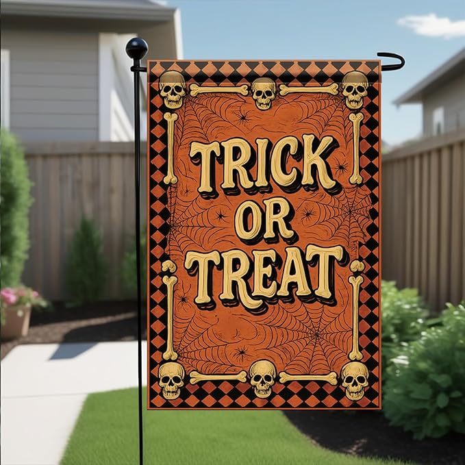 Halloween Garden Flag Trick or Treat Skulls Spider Webs Flag 12x18 Inch Double Sided Outdoor Yard Banner for Halloween Haunted House Spooky Trick or Treat Decoration Decor