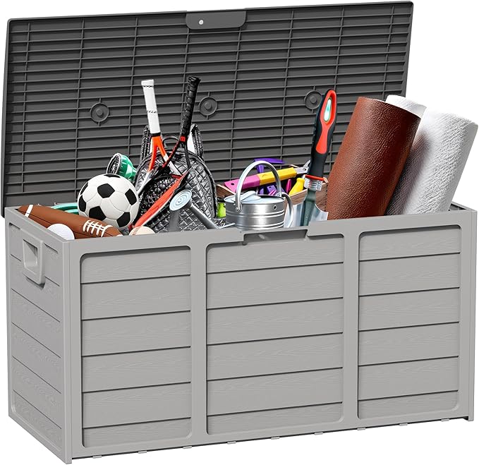75 Gallon Outdoor Deck Box - Durable Resin Storage with Lockable Lid, for Patio Furniture Cushions, Pillows (Grey)