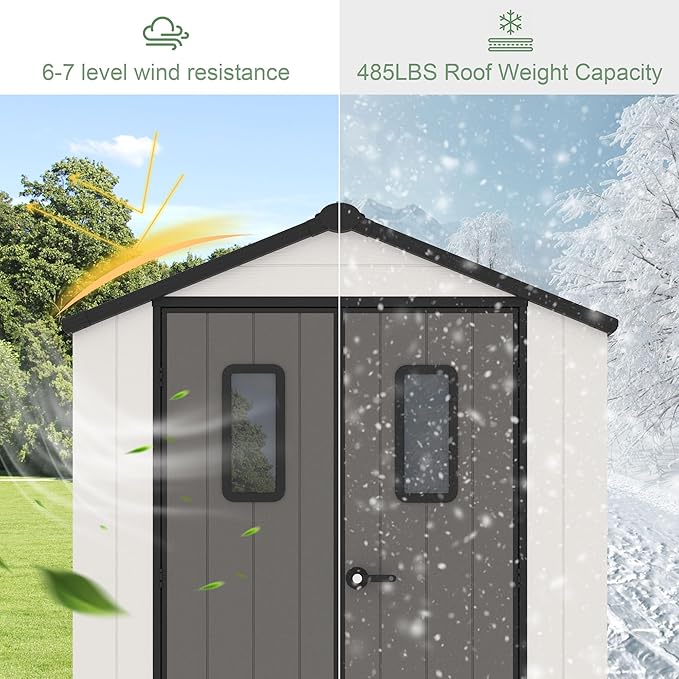 6' x 4' Outdoor Resin Storage Shed with Floor,Galvanized Metal Waterproof Garden Shed with Lockable Door, Windows, Vents, Plastic Tool, Bike Storage for Patio Furniture, Lawn Mower