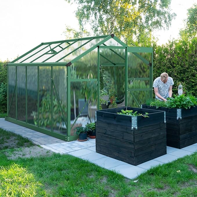 VINGLI Greenhouse, 6x10 FT Heavy Duty Polycarbonate Greenhouse with 5 Roof Vents, Aluminum Frame, Sliding Doors, Green
