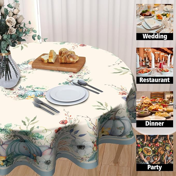 Pumpkin Leaves Round Tablecloth 60 Inch, Fall Autumn Thanksgiving Harvest Table Cloth Washable Table Cover for Dinner Kitchen Holiday Picnic Party Garden Decoration