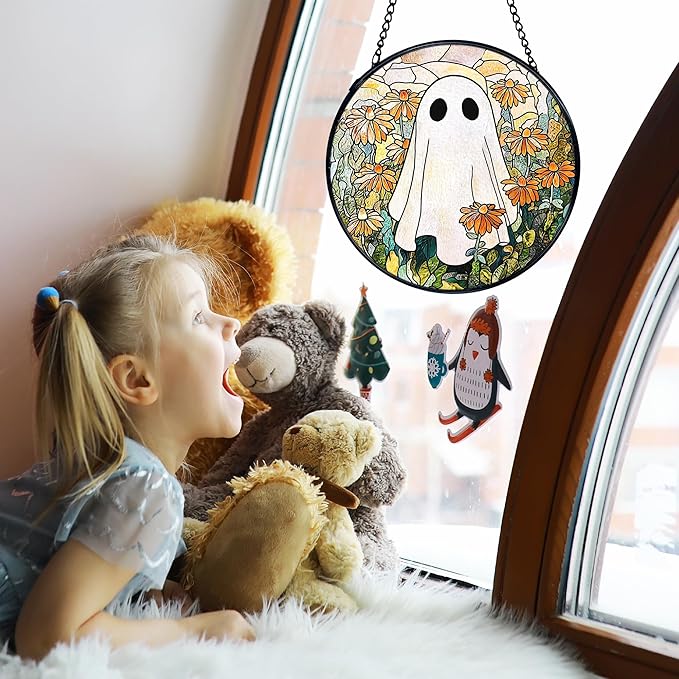 TNUW Halloween Ghost Stained Glass Window Hanging, Ghost Flower Sun Catchers Indoor Window Glass Round Wall Art Decor, Halloween Floral Wall Hanging Decorations, 7.9＂x7.9＂