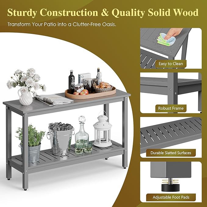 SUPER DEAL 48 inch Outdoor Console Table, 2-Tier Solid Wood Side Table Multifunctional Buffet Bar Storage Organizer with Adjustable Feet for All-Weather Indoor Outdoor Porch, Grey