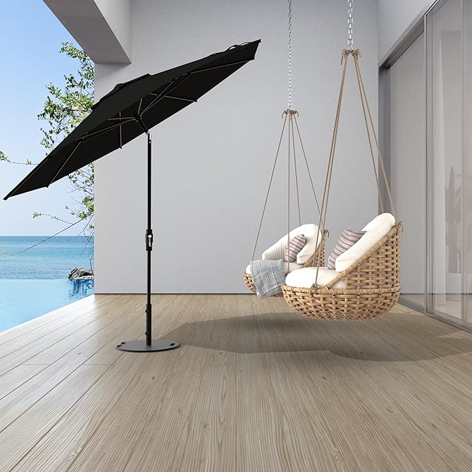 Midtown Umbrellas The Swilt 9 Feet Patio Umbrella in Terylast Ebony (Black) Polyester Fabric - Fiberglass Ribs, Auto-Tilt Aluminum Frame For Backyard, Deck, Garden, Pool - White Pole