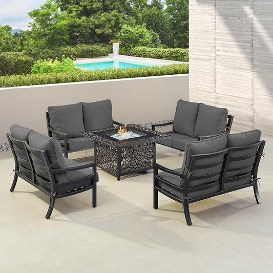 Oakland Living Black Aluminum Patio Fire Table Set with Four Deep Seating Loveseat with Cushions with Black Cushions