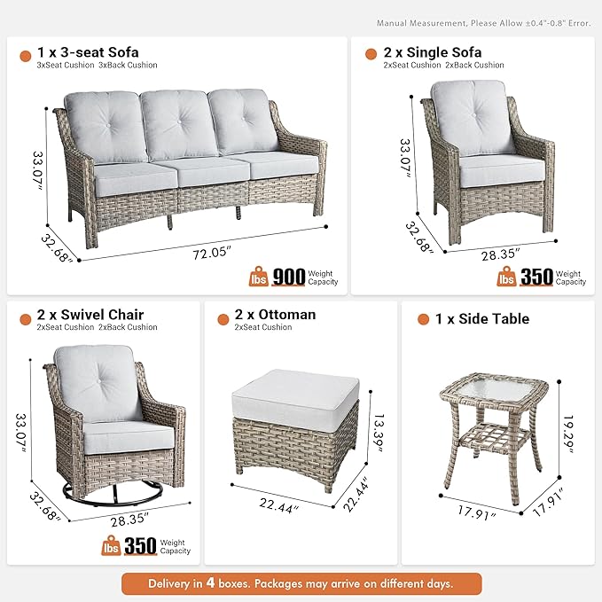 8 Pieces Patio Outdoor Furniture Set with Swivel Rocking Chairs,All Weather Wicker Rattan Patio Seating Sofa and Chair Set w/Ottoman,Outdoor Conversation Sets for Deck Yard Garden,Grey