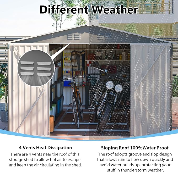 14x10 FT Outdoor Storage Shed,Metal Shed W/ 3 Lockable Doors，Floor Frame & Side Door,Garden Tool House W/ 4 Air Vents & Sloped Roof,for Backyard Patio Lawn,Light Gray