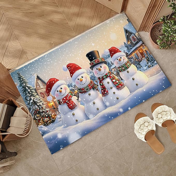 Welcome Mat Indoor,Winter Snowman Family Front Door Mat,Christmas Tree Entryway Rug for Porch Patio Non-Slip Outdoor Entry Doormat for Back Door Outside Entrance Hallways,30 x 17 Inch