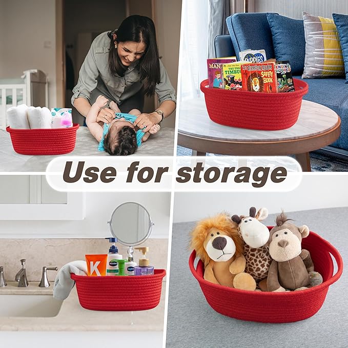 Pro Goleem Small Woven Basket with Gift Bags and Ribbons Durable Baskets for Gifts Empty Small Rope Basket for Storage 12"X 8" X 5" Baby Toy Basket with Handles, Red