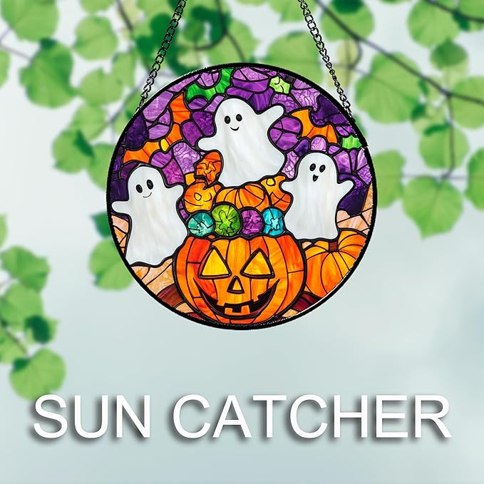Stained Glass Window Hanging Halloween Horror Pumpkin White Ghost 7.8" - Suncatcher Door Garden Sunroom Gothic Style Sun Catcher Birthday for Friend Mom Men Woman Nana