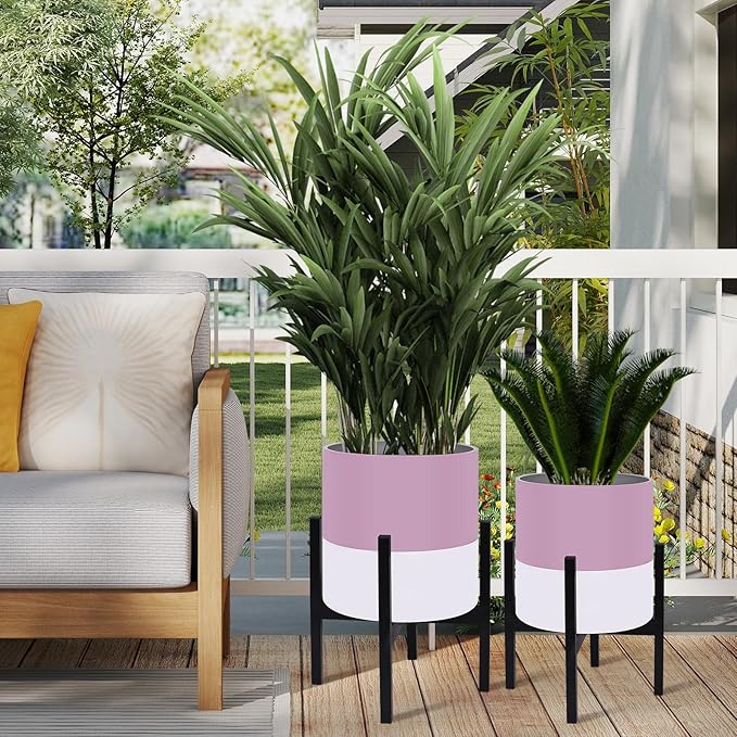 Planter with Stand Set of 2, Modern Plant Pots with Metal Legs Indoor,Flower Pots with Drainage Holes Matching Decorative Garden Pot for Living Room, Office, Garden, or Balcony 10 & 12 Inches