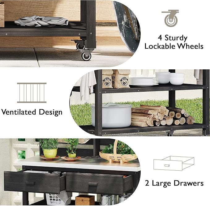 Polibi 64.9" H Outdoor Potting Bench Table with Lockable Wheels,Solid Fir Wood Outdoor Kitchen Island (Black)