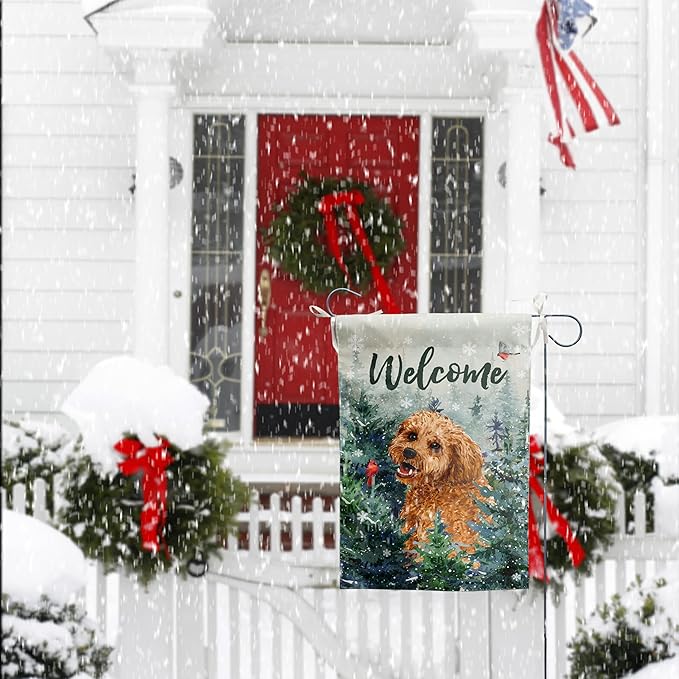 Welcome Winter Garden Flags Golden Doodle Garden Flag Cardinal Birds on Snowy Pine Tree Flag Dog Yard Flags for Outside 12x18 Double Sided Christmas Decorative Lawn Flags