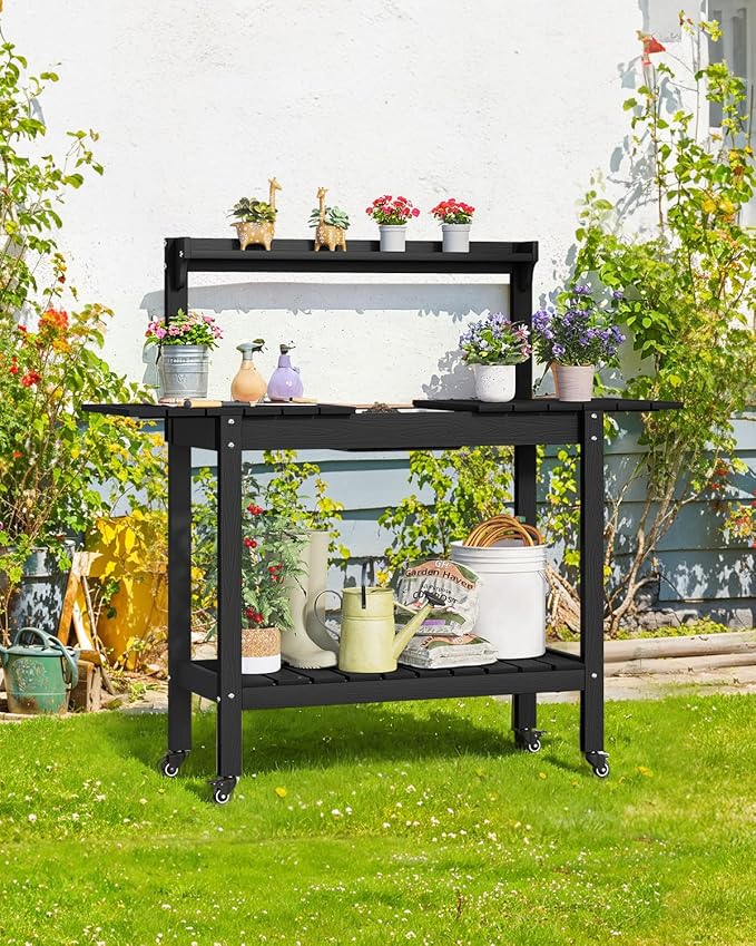 HDPS Outdoor Potting Bench with Sliding Tabletop/ 4 Wheels/Removable Sink, All-Weather Outside Garden Work Table, No Rust/Fade/Break, Potting Station for Porch, Patio & Backyard (Black)