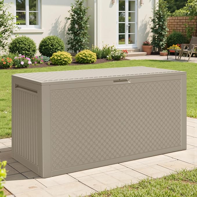90 Gallon Outdoor Deck Box, Waterproof Outdoor Storage Box, Durable Resin Bin for Patio Cushions, Garden Tools and Pool Accessories, Lockable with UV Protection, Khaki, Patio Furniture