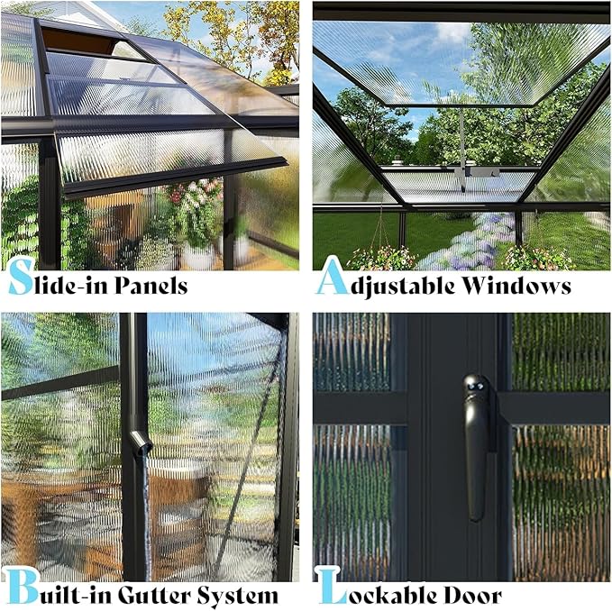 AMERLIFE 8x14x7FT Polycarbonate Greenhouse, Walk in Greenhouse with Quick-Connect System, Green House with 4 Vent Windows and Swing Door, Greenhouses for Outdoors, Glossy Black