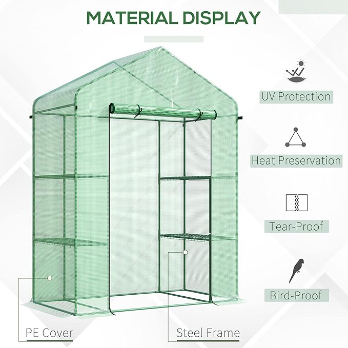 Outsunny 5' x 2.5' x 6.5' Mini Walk-in Greenhouse Kit, Portable Green House with 3 Tier Shelves, Roll-Up Door, and Weatherized PE Cover for Backyard Garden, Green