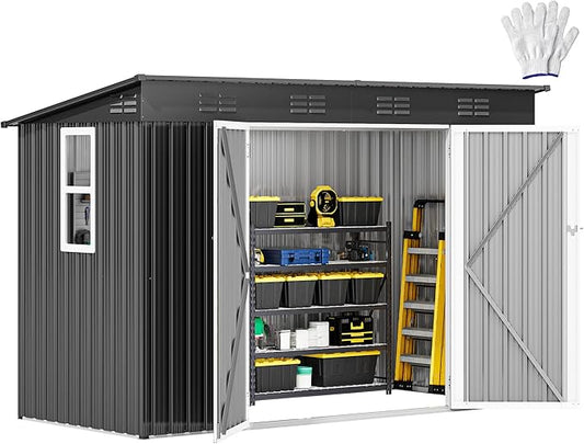 DWVO 9.1x4.2ft Metal Outdoor Storage Shed with Window, Lockable Tool Storage Sheds, Oversized Steel Garden Sheds with Sloped Roof for Backyard, Patio, Garage, Lawn, Dark Gray