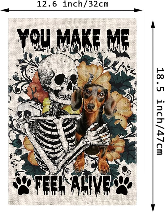 Halloween Garden Flag Skeleton and His Dachshund Vertical Double Sided Flags for Holiday Farmhouse Patio Yard Outdoor Party Decor Decorations Gifts - 12.5 x 18 Inch
