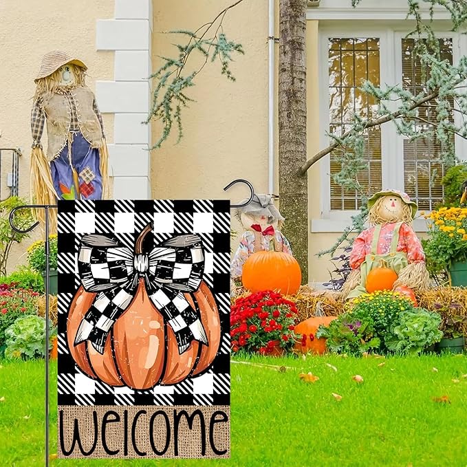 Fall Pumpkin Garden Flags 12x18 Vertical Double Sided, Welcome Fall Yard Flag for Outside, Autumn Thanksgiving Holiday Outdoor Seasonal Decorations for Home