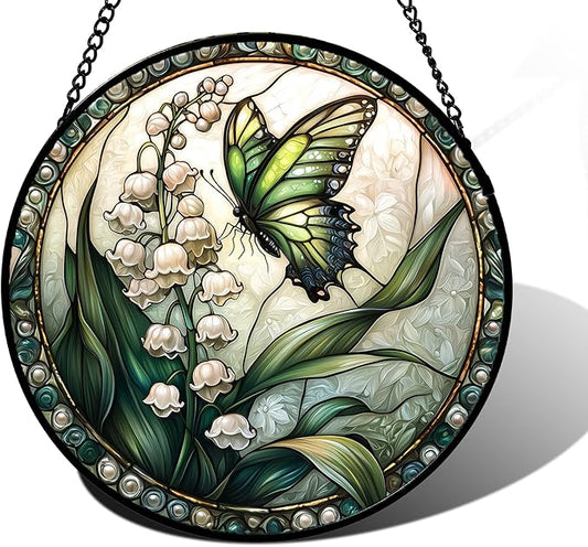 Stained Glass Window Hanging, Lily of The Valley Flower Butterfly Suncatcher for Doors Home Sun Catchers Decoration and Christmas, Mother's Day Birthday Gifts for Women, Men, Mom 9.8 in