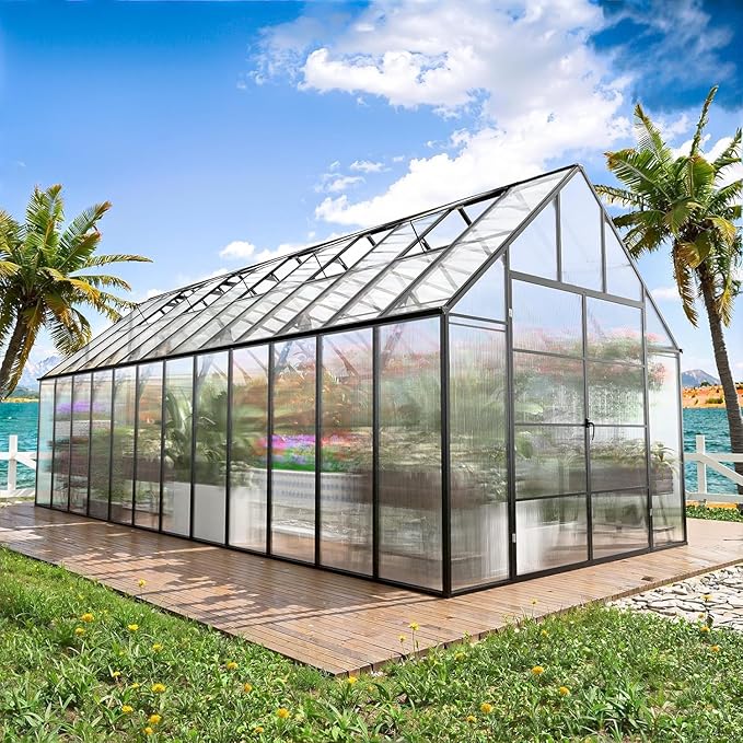 10x24 FT Large Greenhouse, Easy Assembly Hybrid Polycarbonate Greenhouses for Outdoors w/5 Vent Windows & Swing Door Walk-in Greenhouses Aluminum Green House for Outside, Black