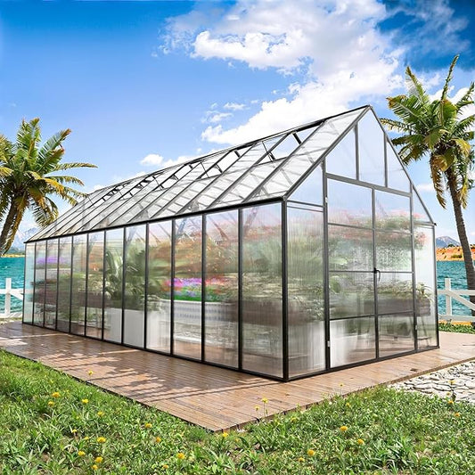 10x24 FT Large Greenhouse, Easy Assembly Hybrid Polycarbonate Greenhouses for Outdoors w/5 Vent Windows & Swing Door Walk-in Greenhouses Aluminum Green House for Outside, Black