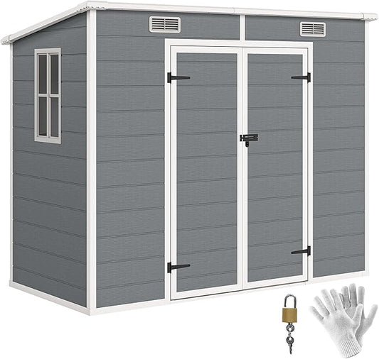 Outsunny 8' x 4' Outdoor Storage Shed, Resin Plastic Shed with Floor, Window, Lockable Doors and Vents, All-Weather Tool Shed for Backyard, Patio, Lawn, Gray