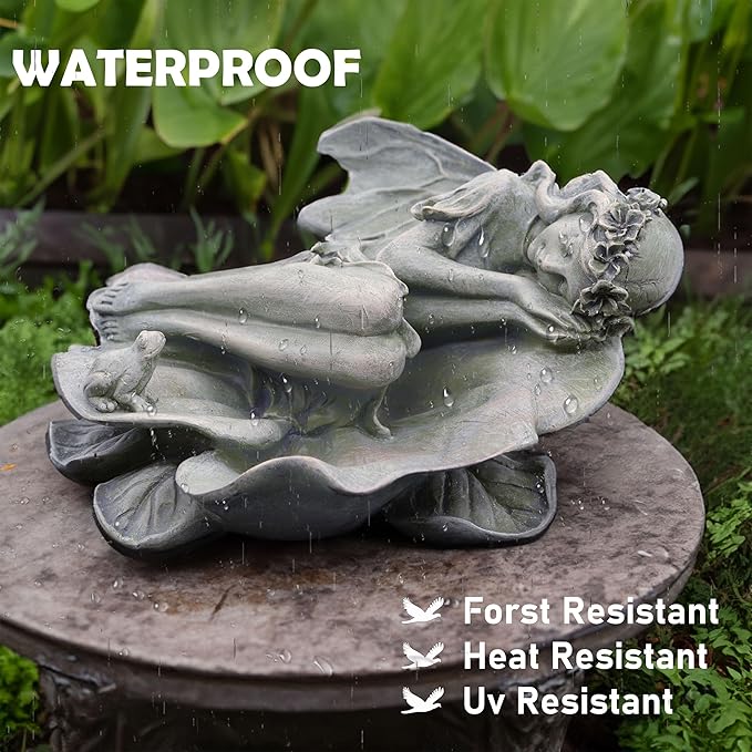 Garden Fairy Statue,Garden Sleeping Angel on Lotus Leaf with Bird Feeder Feature Outdoor Decor Sculptures Figurine Gardening Lawn