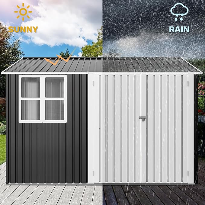 DWVO 10' x 10' Outdoor Storage Shed, Waterproof Metal Garden Shed with Windows, Lockable Doors, and Sloped Roof for Patio, Backyard, Lawn, Tool Storage, Bike Shed, Pet Shelter (Gray + White)