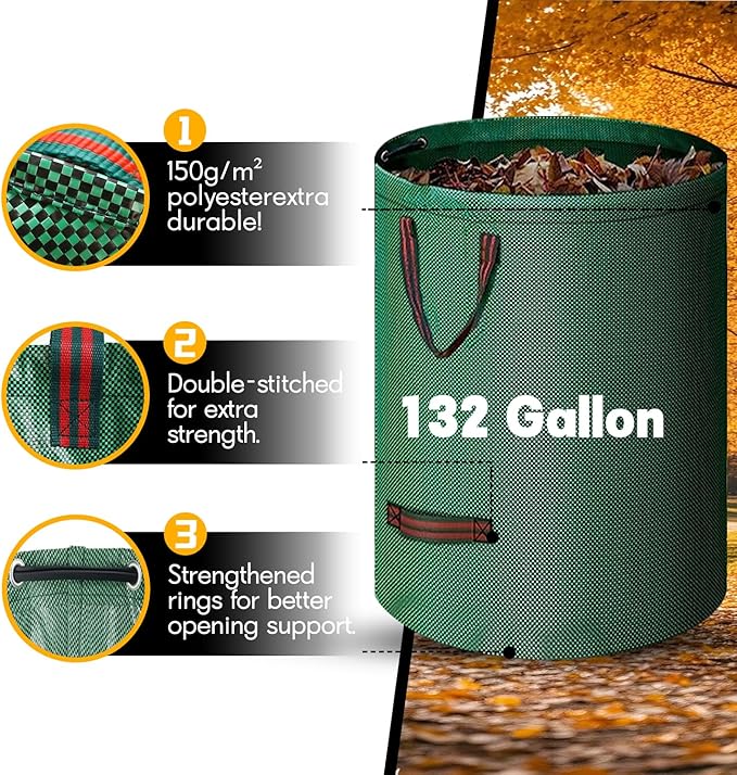 Reusable Yard Waste Bags - 2 Pack, 132 Gallon Large Yard Waste Bag with Reinforced Handles, Ideal for Grass, Leaves, and Yard Waste - Durable and Garden Waste Bags, Large Leaf Bags Stand Up.