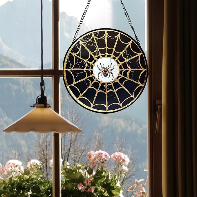 Stained Glass Window Hanging - Black Gold Spider Suncatcher for Door Terrace Garden Home Decor Halloween Sun Catcher Christmas Birthday Gifts for Lovers Women Men Dad Mom Nana 15 in