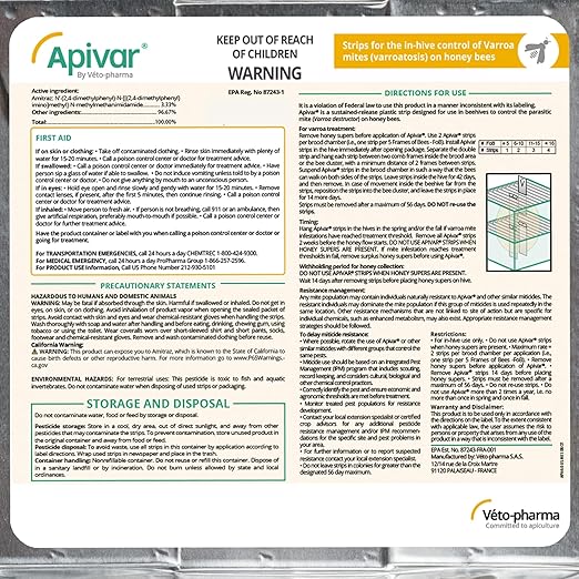 Apivar Strips Varroa Mite Treatment for Honey Bees with Easy-Rip Strips - 97-99% Effective Against Mites (12 Pack)